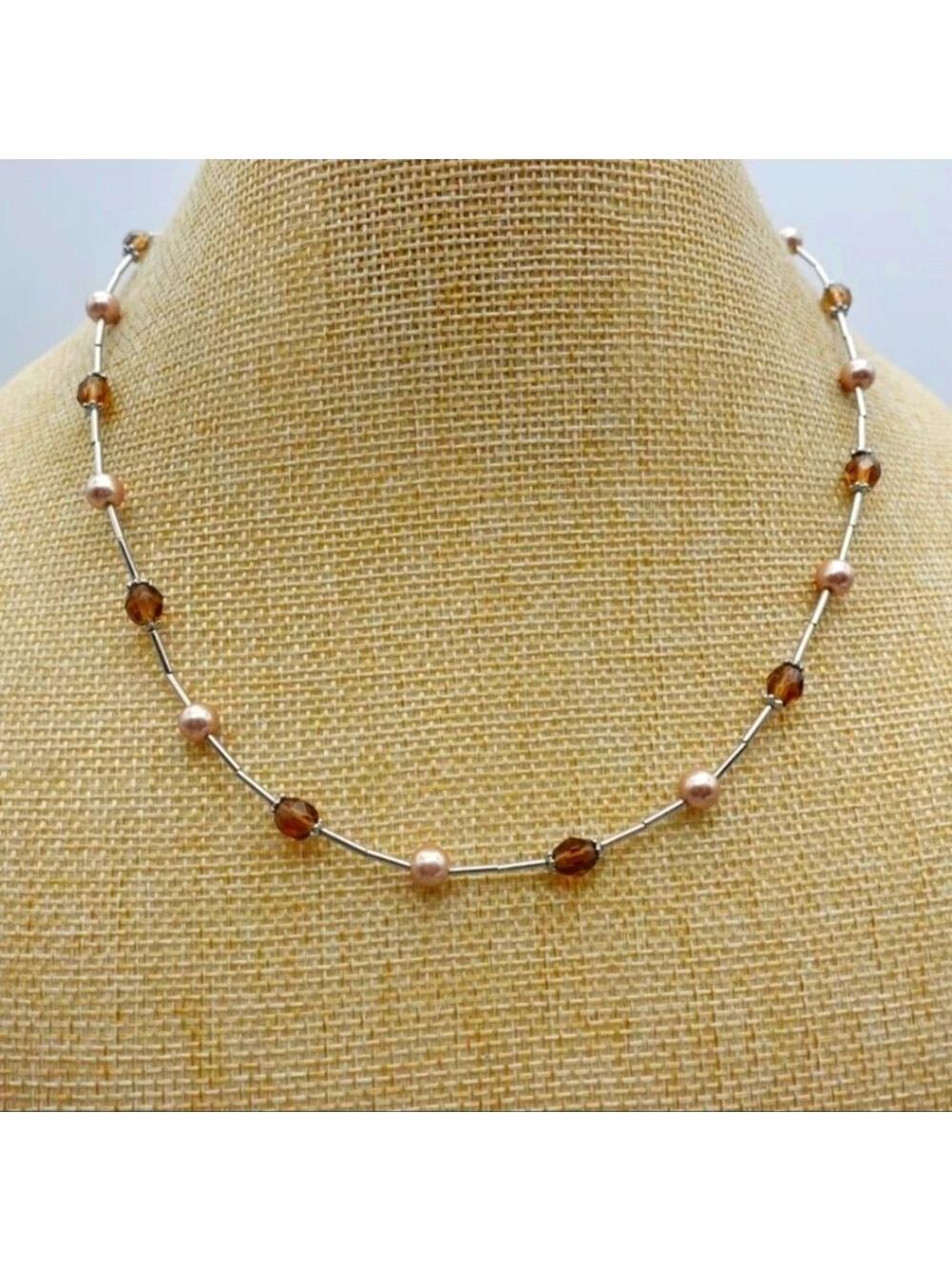 Lia Sophia Necklace BROWN SUGAR Champagne Faux Pearl Bronze Beaded Collar 14"